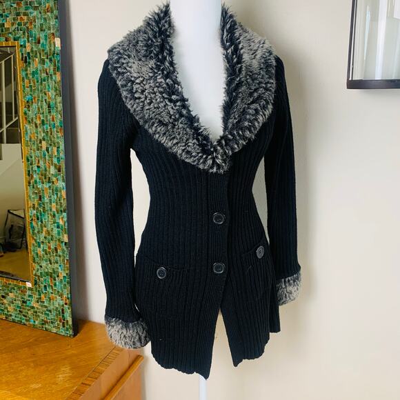 Vintage Sweaters - Vintage 90s Y2K Size M Faux Fur Collar Ribbed Kni Cardigan Sweater Black Winter